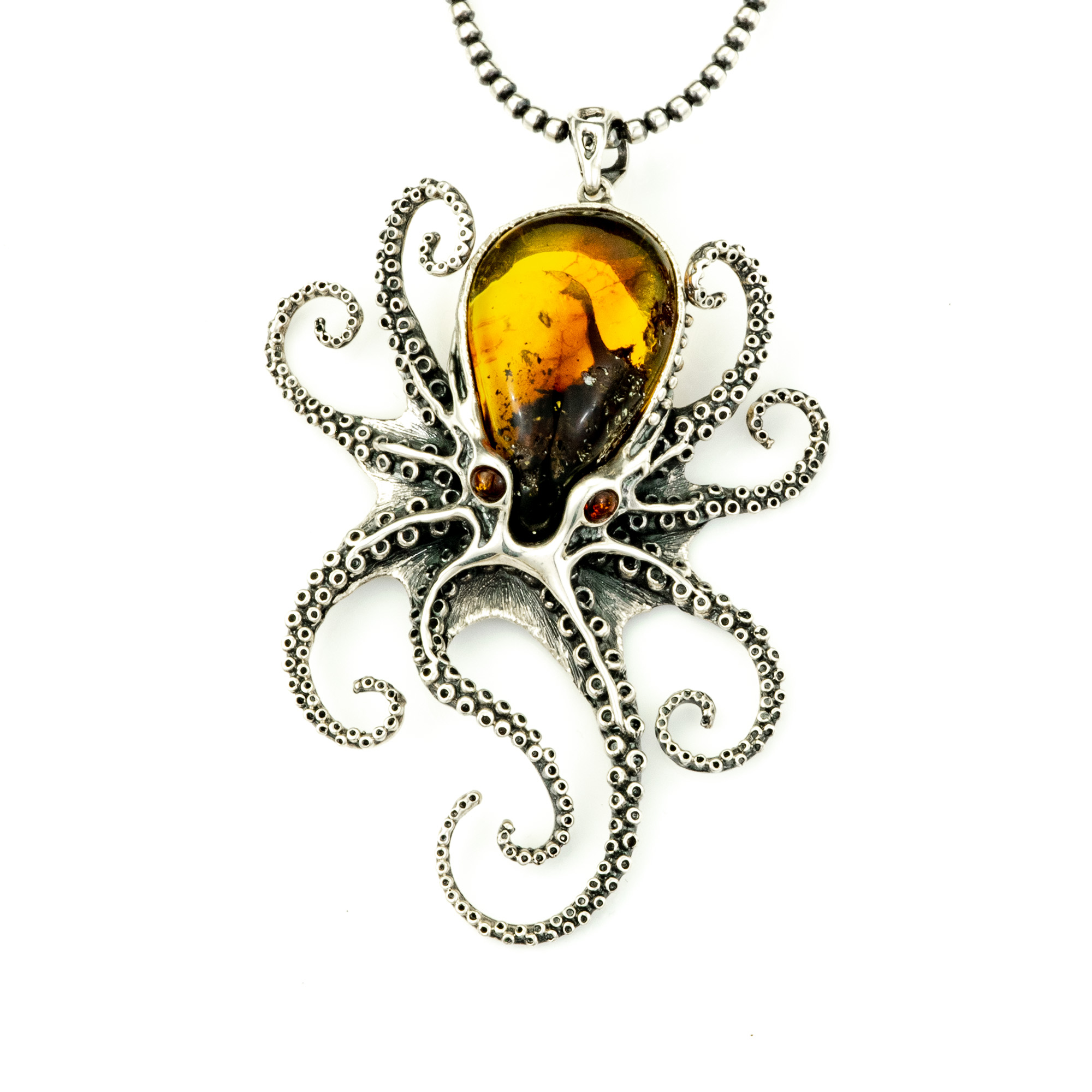 Sterling Silver Baltic Amber Octopus Pendant